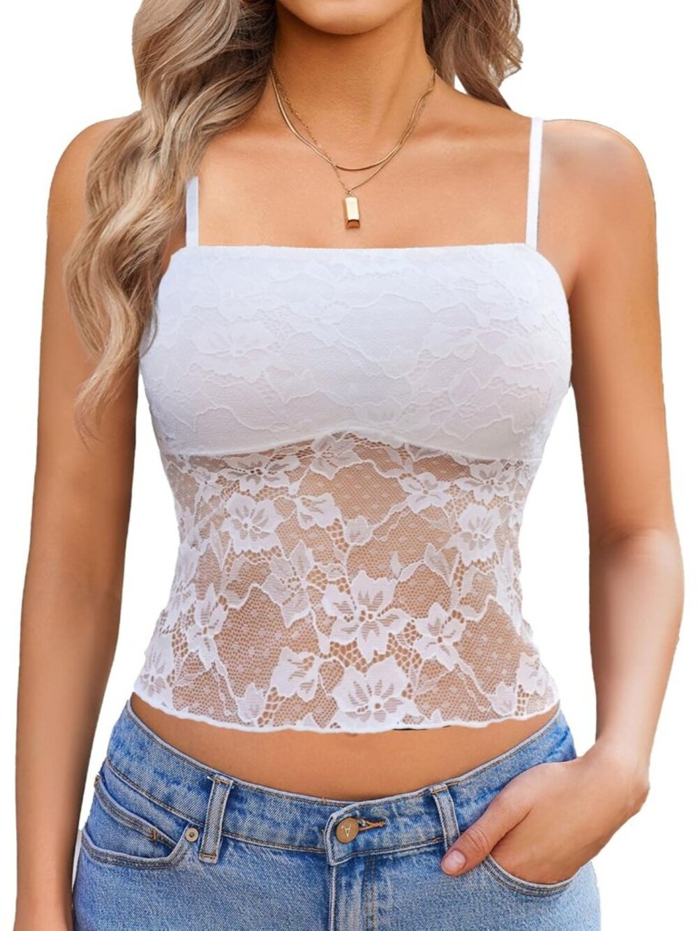 Women's White Floral Mesh Lace Crop Camisole Lined Bust Sheer Summer Tank Top
